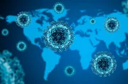 Coronavirus with blue World Map Background - 3D illustration