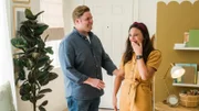 As seen on HGTV‚Äôs Help! I Wrecked My House, homeowners Nathan and Paige Newman see their newly remodeled living room for the first time. (Reveal)