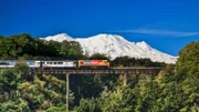 Zug fährt über das Viadukt neben einem schneebedecktem Berg