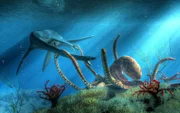 Under the surface of the Cretaceous sea, two mighty beasts do battle. A giant octopus has snared a styxosaurus in its tentacles, a fight with the long necked marine reptile ensues.