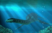 You have entered the underwater realm of the styxosaurus, a plesiosaur of the Cretaceous era. This 30 to 40 foot long aquatic reptile once swam the ocean in the time of the dinosaurs.