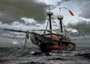 Abandoned historic sailing ship in the stormy sea.