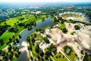 Aerial view of olympiapark in german city munich which hosted olympic games at 1972.