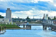 The Old Industrial Luitpold Harbor with Swing Bridge in Ludwigshafen, Germany