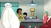 (L-R): Baymax, "Wasabi", Hiro Hamada, Frederick "Fred" Frederickson IV