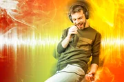 Young man dancing to the sound of the music, singing karaoke, surrounded by soundwaves, illustration concept