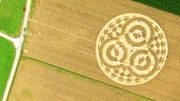 Ein 75 Meter großer Kornkreis direkt neben der Erdfunkstelle Raisting am Ammersee zog 2014 Fans aus aller Welt an. Wir haben die Science Fiction artigen Muster - und ihre Besucher - aus der angemessensten Perspektive gedreht: aus der Luft.