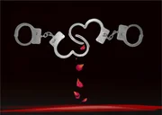 Forbidden love behind bars. Wedding between prisoners in prison. Clipart with open handcuffs, like a heart, and drops of blood from the petals. Adultery, infidelity of the husband and wife.
