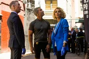Pictured (L-R): Dr. Dylan Reinhart (Alan Cumming), Det. Kanter Harris (Michael B. Silver) and Det. Lizzie Needham (Bojana Novakovic)