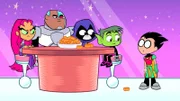 L-R: Starfire, Cyborg, Raven, Beast Boy, Robin