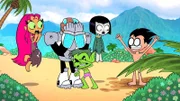 L-R: Starfire, Cyborg, Beastboy, Raven, Robin