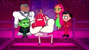 L-R: Cyborg, Beastboy, Trigon, Starfire, Robin