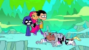L-R: Raven, Starfire, Robin, Cyborg