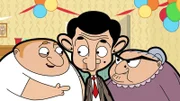 Mrs. Wicket (r.) erklärt dem Türsteher (li.) und Mr. Bean, dass die Party eigentlich eine Überraschungsparty sein sollte.