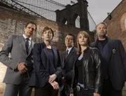 V.l.: Zach Nichols (Jeff Goldblum), Megan Wheeler (Julianne Nicholson), Danny Ross (Eric Bogosian), Alexandra Eames (Kathryn Erbe) und Robert Goren (Vincent D"Onofrio). 8. Staffel.