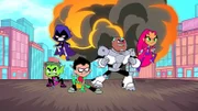 l-r: Beast Boy, Raven, Robin, Cyborg, Starfire