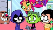L-R: Cyborg, Raven, Starfire, Beast Boy, Robin
