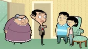 First and second from the left: Mrs. Wicket (voiced by Sally Grace), Mr. Bean (voiced by Rowan Atkinson)