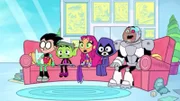 L-R: Robin, Beast Boy, Starfire, Raven, Cyborg