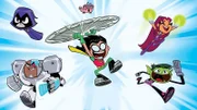 L-R: Raven, Cyborg, Robin, Starfire, Beast Boy