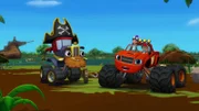 Links: Pegwheel. Recths: Blaze (unten), Gabby und AJ (oben, l-r).
