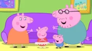 Peppa Wutz (2.v.li.) mit ihrem kleinen Bruder George und ihren Eltern.