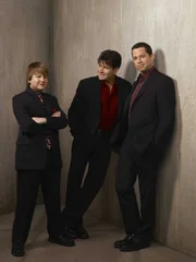 (5. Staffel) - Harte Männer: Charlie (Charlie Sheen, M.), Alan (Jon Cryer, r.) und Jake (August T. Jones, l.) ...