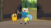 First and second from the left: Jake (John DiMaggio), Finn (Jeremy Shada)
