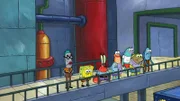 SpongeBob (2.v.l.), Mr. Krabs (3.v.l.)