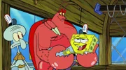 L-R: Squidward, Larry, Mr. Krabs, SpongeBob