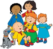 Caillou (un. li.) mit seinen Freunden (v. li. n. re.) Clementine, Sarah, Leo und Rosie, sowie seinem Kater Gilbert.