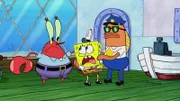 L-R: Mr. Krabs, SpongeBob, Policeman