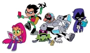 L-R: Starfire, Robin, Beast Boy,Cyborg, Raven