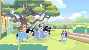 L-R: Bingo, Uncle Stripe, ,Muffin, Banddit, , Bluey