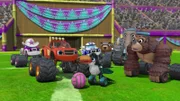 Starla (l.), Blaze (2.v.l.), AJ (3.v.l.), Tooks (4.v.l.), Darington (m.), Nelson (3.v.r.), Bunk (2.v.r.), Bam (r.)