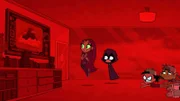 L-R: Starfire, Raven, Robin und Beast Boy,