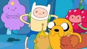 In the back, first and second from the left: Lumpy Space Princess (Pendleton Ward), Finn (Jeremy Shada)  , In the front, in the middle: Jake (John DiMaggio)