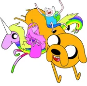 L-R: Lady Rainicorn (Niki Yang), Princess Bubblegum (Hynden Walch),  Jake (John DiMaggio), Finn (Jeremy Shada)