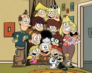 L-R: Lynn Loud Sr., Lola Loud, Luan Loud, Luna Loud, Lori Loud, Lincoln Loud,  Lucy Loud, Leni Loud, Lynn Loud, Lisa Loud, Lana Loud, Charles, Cliff, Geo, Walt, Rita Loud, Lily Loud