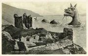 The Loch Ness monster at Castle Urquhart (b/w photo) by Scottish Photographer, (20th century); Private Collection; (add.info.: The Loch Ness monster at Castle Urquhart. Postcard, early 20th century.); © Look and Learn.