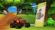 Blaze und AJ (oben) werden von einem Grizzly verfolgt. Um ihn aufzuhalten, versperren sie den Weg mit einem Metallschild. Leider ist der Grizzly zu stark und das Metallschild bricht in der Mitte durch.
