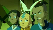 L-R: Katara, Aang, Momo, Sokka