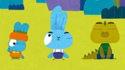 Bei einem Hasenstopp im Dschungel lernen Bop (mi.) und Boo (li.) das kleine Krokodil Kevin (re.) kennen. Kevin ist über und über mit bunten Schmetterlingen bedeckt, aber die fliegen davon, als Bop und Boo angeflitzt kommen...