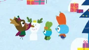 Am Neujahrstag ist die ganze Hasenbande bei Dwayne (li.) und seiner Elchfamilie zur großen Party im verschneiten Wald eingeladen. Dwayne erklärt seinen Freunden Bop (re.) und Boo (mi.), dass man sich bei den Elchen "Ein fröhliches Schneejahr" zum Jahresbeginn wünscht.