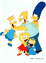 (1. Staffel) - Die Familie Simpson in Aktion: Bart (l.) hat wieder seinem Vater Homer (M.) den letzten Nerv geraubt. Marge (r.), Lisa (2.v.l.) und Maggie (2.v.r.) überrascht das nicht.