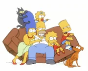 (12. Staffel) - Die chaotische Familie Simpson (v.l.n.r.): Marge, Homer, Lisa, Bart, Maggie (oben).
