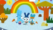 Auf ihrer Hasenfahrt treffen Bop (li.) und Boo (re.) heute auf das kleine Kängurukind Kit (mi.)! Dabei lernen sie, dass es nicht immer nur darum gehen sollte, zu gewinnen.