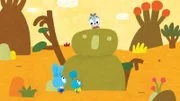 Auf ihrer Hasenfahrt treffen Bop (vo.li.) und Boo (vo.re.) heute auf das kleine Kängurukind Kit (oben)! Dabei lernen sie, dass es nicht immer nur darum gehen sollte, zu gewinnen.