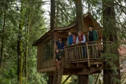 ISSAQUAH, WASHINGTON, APRIL 23 2013: Left to Right, Treehouse Masters' Daryl, Charlie Nelson, Alex, Pete Nelson and Chuck stand in the Upper Pond treehouse at Treehouse Point.