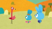 Am Strand lernen Bop (re.) und Boo (mi.) das Flamingo-Mädchen Carmen (li.) kennen, die unbedingt Primaballerina werden möchte. Boo überredet Carmen, ihr und Bop auch das Balletttanzen beizubringen.